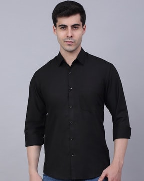 Classic black shirt for men, featuring a sleek, fitted silhouette and comfortable fabric.